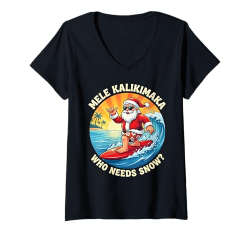 Donna Mele Kalikimaka Surf Santa Hawaii Vacanze Natale Surf Maglietta con Collo a V