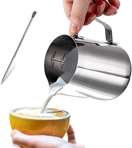 Milk Jug, Dailyart 350ML/12oz Milk Frother Jug with Art Pen, 304 Stainless Steel Barista Milk Jug for Coffee Machine, Coffee Accessories Gifts for Coffee Lovers, Milk Steaming Jug for Latte Art