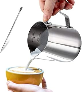 Milk Jug, Dailyart 350ML/12oz Milk Frother Jug with Art Pen, 304 Stainless Steel Barista Milk Jug for Coffee Machine, Coffee Accessories Gifts for Coffee Lovers, Milk Steaming Jug for Latte Art