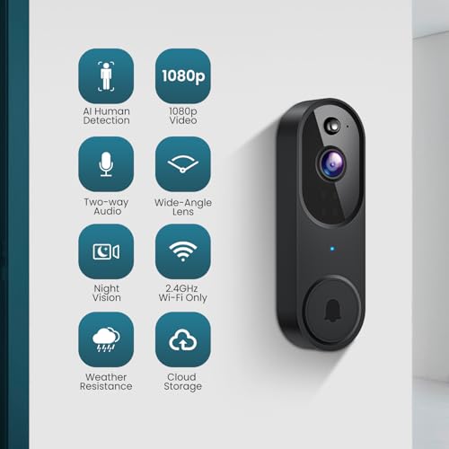 Orbitell Wireless Wi-Fi Video Doorbell Camera with Two Way Audio, AI Motion Detection, Night Vision and Cloud Storage, 2.4G Wi-Fi only