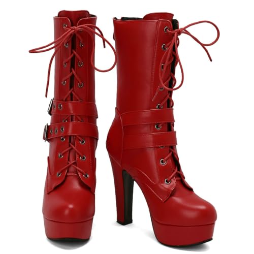 DINTAHA Goth Platform Ankle Boots Lace Up Mid Calf Combat Boots High Chunky Heel Platform Boots3