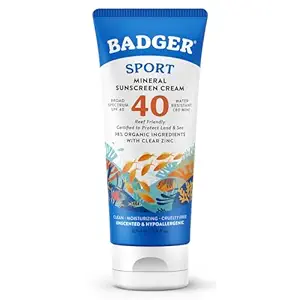 Badger Sport Mineral Sunscreen SPF 40, Reef Safe, 98% Organic, Water Resistant, Unscented, Hypoallergenic, 2.9 fl oz