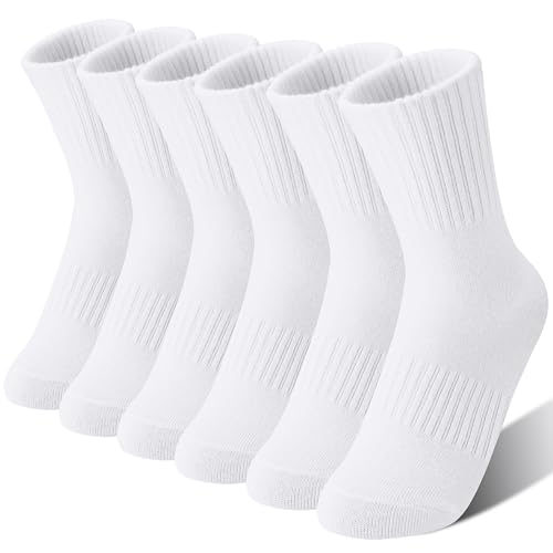 MOGGEI Boys Kids Girls Socks Athletic Basketball Sport School Youth Crew Cotton Breathable Outdoor Socks 6 Pairs(Pure White 5-8 Years)