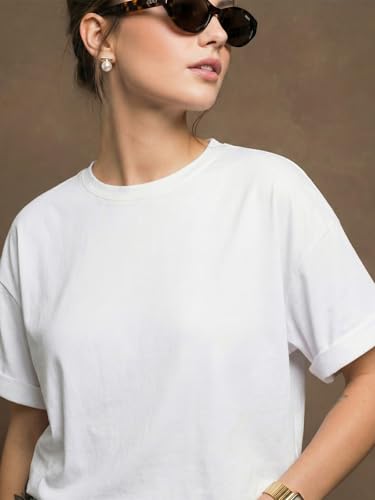 Image of JUNEBERRY Pure 100% Cotton Oversized Loose Fit Drop Shoulder Round Neck Boyfriend Fit Solid Half Sleeves T-Shirt for Women & Girls (Sizes: S to 2XL)