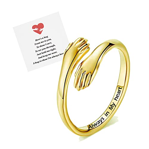 RINHOO Hug Rings for Women 18K Gold Plated Gold Silver Adjustable Ring for Mother Daughter (Always in my heart-Gold)