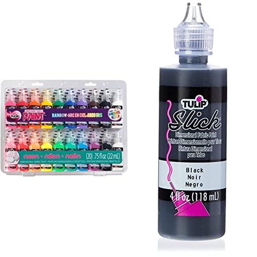 TULIP Dimensional Fabric Pack, Non-Toxic and Permanent 3D Paint for Fashion Party 20 Pack & Tulip Dimensional Fabric Paint 41401 Dfpt 4Oz Slick Black, 4 Fl Oz (Pack of 1)