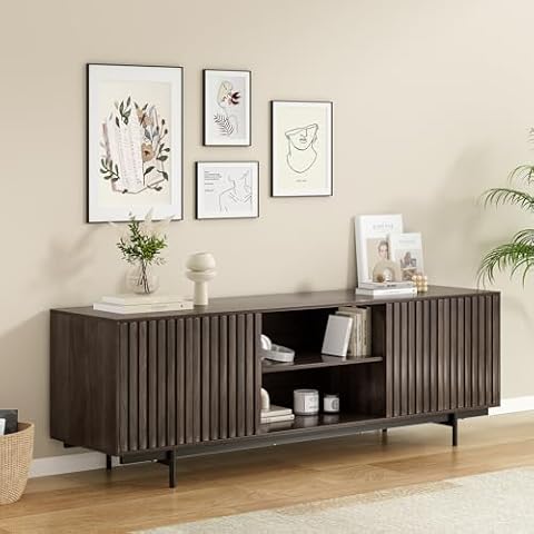 Soohow Mid Century Modern TV Stand for TVs Up to 75", Farmhouse Fluted TV Stand, Retro Wood TV Stand with Storage and Shelf, Entertainment Center with Pop-Up Doors for Living Room, Bedroom, Walnut Cover