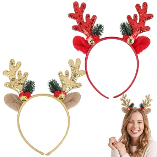 2Pcs Serre Tête Renne Bandeau Noël Doré Rouge Oreille Bois Cerf Clochette
