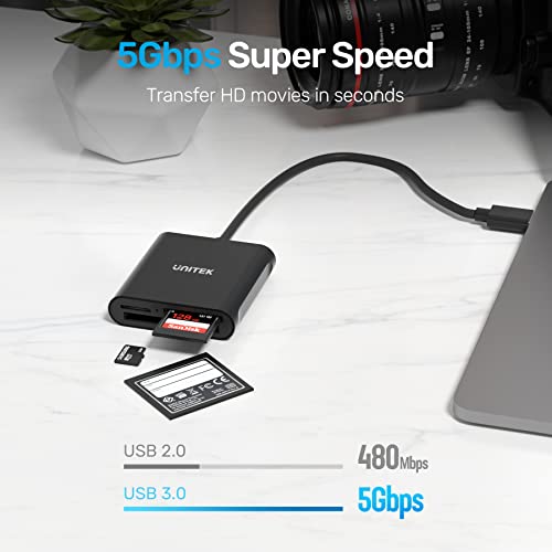 Usb Card Reader, Unitek 3-Slot Usb 3.0 Compact Card Reader, Read 3 Cards Simultaneously, Aluminum Sd Micro Sd Cf Card Adapter Supports Flash Memory Card, Black #TOP4