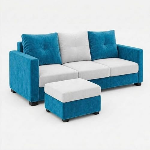 Image of FURNY Amonster 3 Seater + 2 Seater Fabric Sofa Set with 1 Ottoman (Aqua Blue - Light Gray) with Velvet Finish | Durable Comfort | Ideal for Living Room