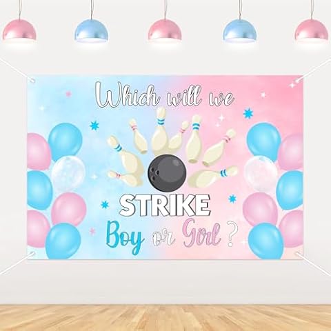 Cheerupp 3 x 5 Ft Boy or Girl Bowling Theme Backdrop, Pink Blue Photography Background Decor, Sports Photo Booth Background Banner for Gender Reveal Baby Shower Birthday Party Decoration Supplies Cover