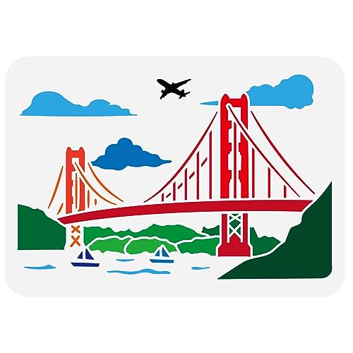 FINGERINSPIRE Golden Gate Bridge Stencil 8.3x11.7inch Reusable Bridge Pattern Painting Template Chain Bridge River Cloud Airplane Ship Decoration Stencil for Painting on Wood Wall Fabric Furniture