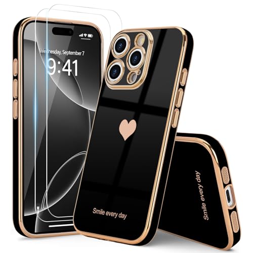 Teageo for iPhone 16 Pro Case with Screen Protector [2 Pack] Girl Women Cute Girly Love-Heart Luxury Gold Soft Cover Camera Protection Shockproof Phone Case for iPhone 16 Pro, Black by Teageo - Image 6