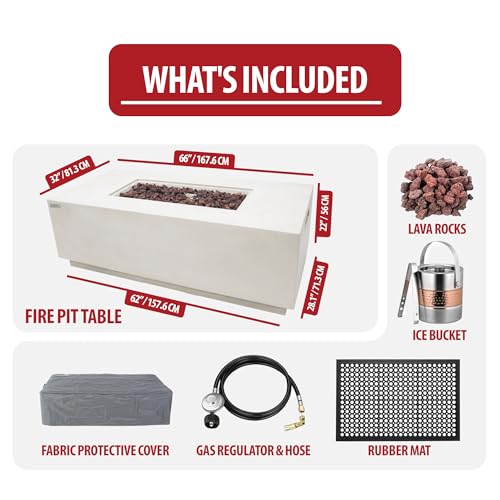 Image of AMS Fireplace Genuine Concrete Rectangular Propane Fire Pit Table for Outside Patio (66 inch Sedona) | Hidden Tank Drawer & Electronic Ignition | w /Bonus Ice Bucket and Rubber Mat (Cream White)