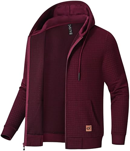 Satankud Men's Jacquard PlaidCloth Lightweight Zipper Hoodie Sweatshirt Jacket Burgundy X-Large