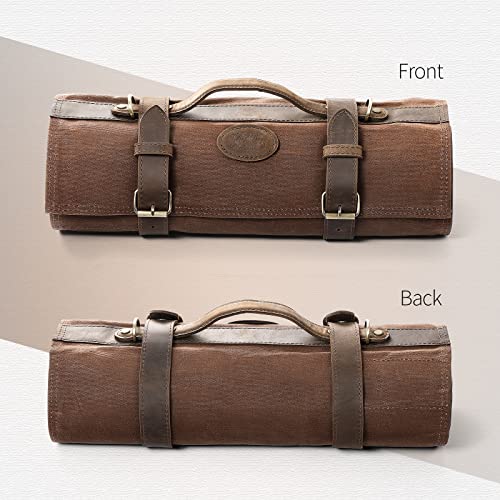 Xinzuo Chef Knife Roll Bag-Professional Chef Knife Case-16Oz Waxed Canvas And Crazy Horse Leather -With 12 Slots Plus 2 Zipper Pockets To Hold Kitchen Cooking Tools-Travel Tool Roll Pouch(Bag Only) #TOP3