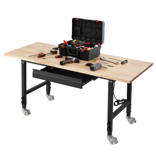 VEVOR Adjustable Workbench on Wheels, 2000 lbs Capacity, 60 x 24 Inch Oak Wood Top Workbench with Drawer & Power Outlets, Heavy-Duty Hardwood Worktable for Garage, Workshop, Home, Office, Commercial by VEVOR - Used condition - US$178.61