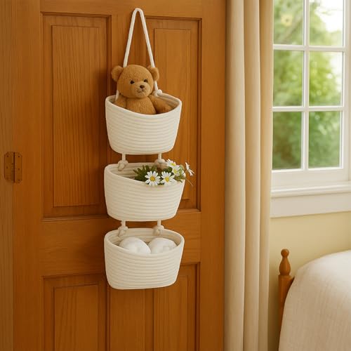 ShellKingdom Over The Door Hanging Basket, 3-Tier Wall Mount Storage Baskets Organizer with 6PCS Hooks for Home Office Bedroom Door Wall Decorative Bag (White)