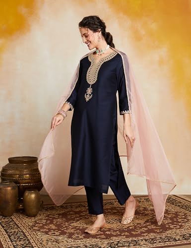 Image of Amazon Brand - Myx Women's Embroidered Kurta Set with Organza Dupatta (Available in Plus Sizes)