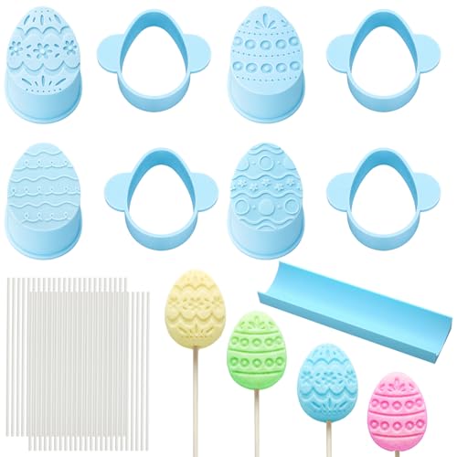Willinglong 4 Pcs Easter Egg Cake Pop Mold Egg Cake Pop Cutter and Pusher Baking Molds Kit with Tray and 50 Sticks for Easter Party DIY Gift Birthday Home Desserts Making