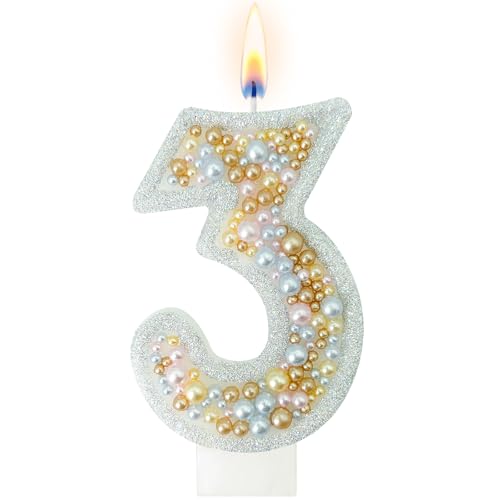 AEYSYU Pearl Number 3 Birthday Cake Topper Candle, Champagne Gold and White Glitter Number Candle for Cake Decoration, Elegant Dessert Table Decor