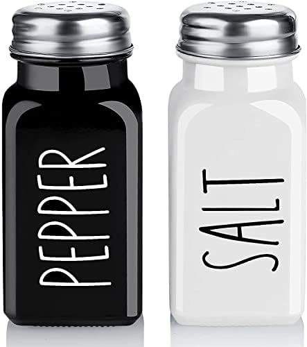 Salt and Pepper Shakers Set, Farmhouse Salt Shaker, Modern Farmhouse Kitchen Table Decor for Home Restaurants Wedding, Vintage Glass Black and White Shaker Sets with Stainless Steel Lid, 2.7oz Each