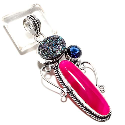 Pendentif en agate rose, titane et saphir bleu en argent 925 fait main unique