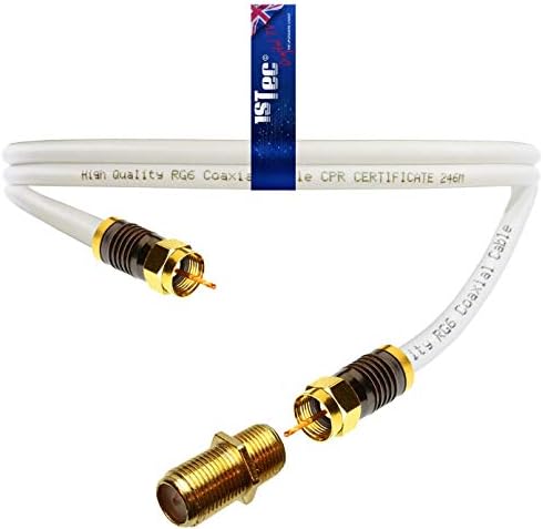 1STec 7m Gold Plated Male to Male Virgin Media Extension Cable with Cable Clips + Female Joining Coupler for V6 TIVO Set Top Box or VIVID Fibre Super Hub Broadband Modems (7 Metre, White)