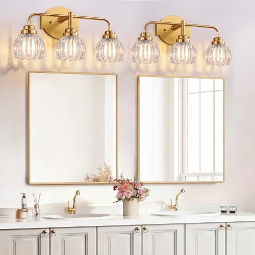 Vintage Bathroom Vanity Light, 3 Light Brushed Gold Fixture Over Mirror — view 3