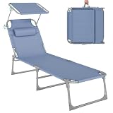 SONGMICS - Tumbona Plegable, 193 x 53 x 29 cm, Capacidad de 150 kg, con Parasol, reposacabezas, Respaldo Ajustable, para jardín, Piscina, terraza, Azul GCB192Q01