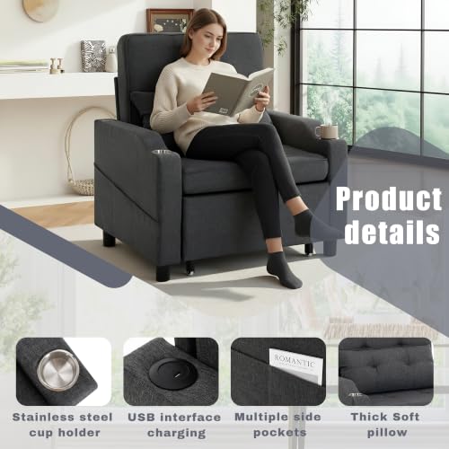 Image of Convertible Sleeper Chair, 5-in-1 Pull Out Chair Bed with Adjustable Backrest for Adults, Single Sofa Bed with USB Ports,Side Pocket,Cup Holder for Living Room,Dark Gray