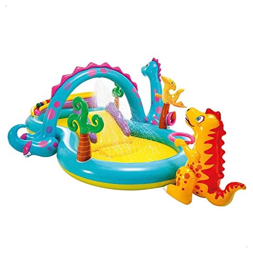 Intex-57135NP Dinoland Play Center-Centro de juegos acuático hinchable, modelo surtido (con y sin volcán), multicolor, 333x229x112 cm-280 Litros (57135NP)
