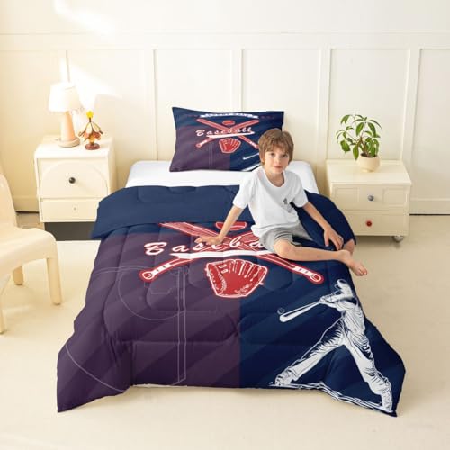 Image of Feelyou Boys Baseball Theme Comforter Set Toddler Size Baseball Player Bedding Set for Kids Boys Girls Sport Ball Duvet Quilt Navy Blue Bedroom Decor 2 Pcs with 1 Pillow Cases