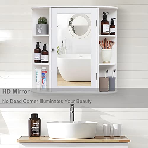Iwell Bathroom Medicine Cabinet With Mirror, Bathroom Wall Cabinet With 2 Adjustable Shelves & 6 Open Shelves, Bathroom Cabinet Wall Mounted, Over The Toilet Space Saver Storage Cabinet, White #TOP4