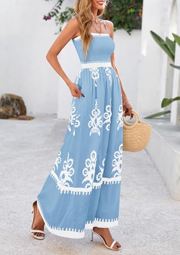 Image of PRETTYGARDEN Women's Summer Boho Maxi Dress Floral Sundresses | Spaghetti Strap, Sleeveless, Smocked Bodice, A-Line Long Flowy, Lightweight Soft, Wedding Guest Party, Beach Vacation Outfits