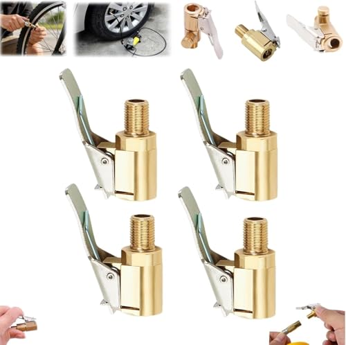 Tire Air Chuck with Clip Adapter, Brass Locking Air Chuck Tire Inflator Nozzle, Tire Inflator Hose Adapter for Air Compressor Pump, No Leakage Tire Valve Connector for Car Bike Motorcycle (4PCS B)