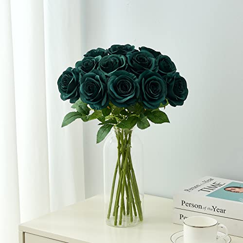 Helera 12Pcs Roses Artificial Flowers Fake Roses Peacock Green Silk Roses White Silk Flowers Rose With Long Stems For Wedding Home Party Centerpieces Decorations #TOP1