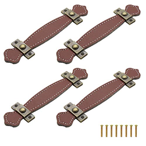 Juland Lot de 4 poignées de porte en cuir à double trou pour placard de cuisine, tiroir, commode avec vis - 2 trous - 160 x 38 x 11 mm (L x l x H) - Rouge marron Cover