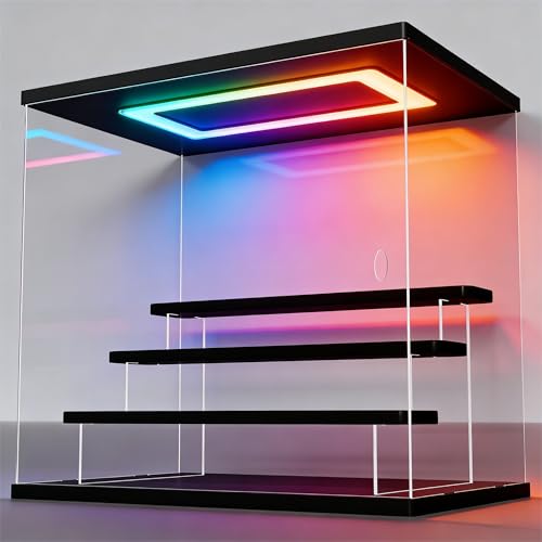 Image of Clear Acrylic Display Case with RGB LED Light, 4 Tier Dustproof Showcase for Collectibles, Figures & Model Cars, Stackable Display Box(Black, 12x8x11 in)