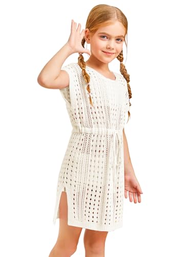 Haloumoning Girls Crochet Swim Beach Cover Up Short Sleeve Swimsuits Long Beach Dress 5-14 Years4