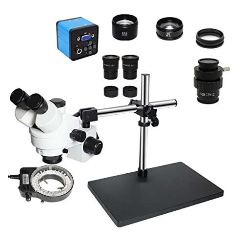 顕微鏡キット 3.5X-90X サイマルフォーカル三眼実体顕微鏡 360度調整可能なデュアルアームサポート ユニバーサルステレオ顕微鏡スタンドテーブル付き 顕微鏡レンズアダプター(VGA CTV 0.5x len)