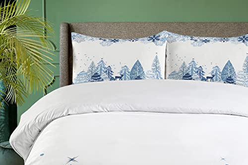 Ambesonne Winter Duvet Cover Set, Cold Scene Deer Frozen Trees and Snow Christmas Season Pine Trees Bushes, Decorative 3 Piece Bedding Set with 2 Pillow Shams, King Size, Blue White by Ambesonne - Image 2
