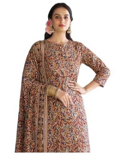 GoSriKi Kurta Ensemble pour femme avec impression en viscose | Ensemble kurti pour femme | Pantalon Kurta Dupatta 3 pièces | Col rond, manches 3/4, coupe droite, vêtements ethniques pour femme