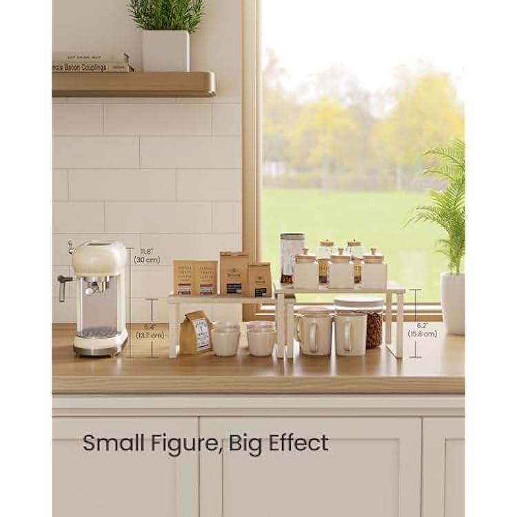 SONGMICS Cabinet Organizer Shelf, Set of 2 Kitchen Counter Shelves, Kitchen Storage, Spice Rack, Stackable, Expandable, Metal and Engineered Wood, Travertine Beige and Cream White UKCS020L01