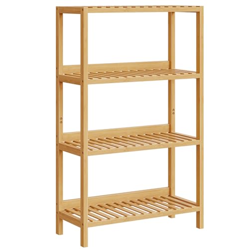 HOOBRO Bamboo Storage Shelf 4-Tier Freestanding Shelving Unit Multifunctional Storage Rack with Back Panel 23.6 x 10.2 x 39.4 inches for Bathroom Living Room Balcony Kitchen Natural YL95CJ01