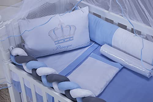 Kit Protetor de Berço Sublimado Trança Menino Príncipe Azul Bebê Com Saia 10 Peças