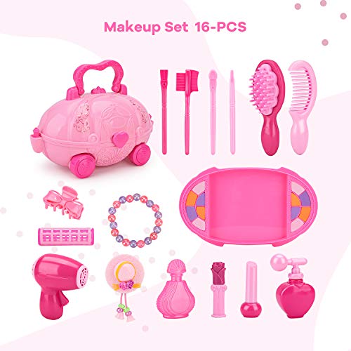 KKONES Pretend Makeup for Girls - 16 Piece Play Makeup Set- Exquisite Cosmetic case with Colorful LED and Music - Realistic Toys Makeup Set for Girls Party Game Birthday Best Gift - Thumbnail 5