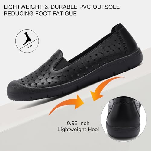 Image of Women's Summer Slip On Loafers, Breathable Perforated Hollow Cutout Flats, Comfortable Vegan Leather Walking Work Shoes for Women, Heart Floral Geometric Pattern Soft Sole Casual Summer Footwear