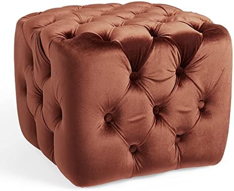 Spinningfield Velvet Clay Button Footstool - Red Tufted Stool Pouffe with Soft, Cushioned Velvet Fabric  Luxury Modern & Contemporary Chesterfield Style Ottoman for Lounge, Living Room & Bedroom
