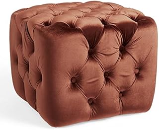 Spinningfield Velvet Clay Button Footstool - Red Tufted Stool Pouffe with Soft, Cushioned Velvet Fabric  Luxury Modern & Contemporary Chesterfield Style Ottoman for Lounge, Living Room & Bedroom